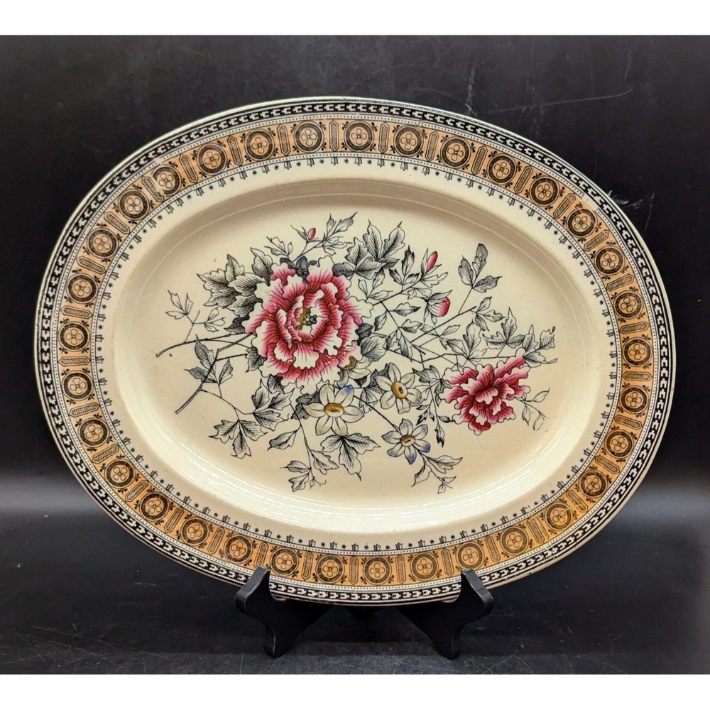 Antique Copeland & Sons Polychrome Earthenware Platter Rose Flower 13.25"